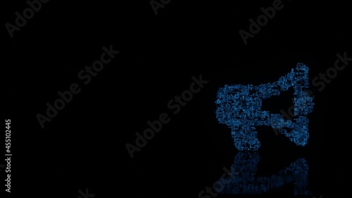 3d rendering mechanical parts in shape of symbol of bullhorn isolated on black background with floor reflection