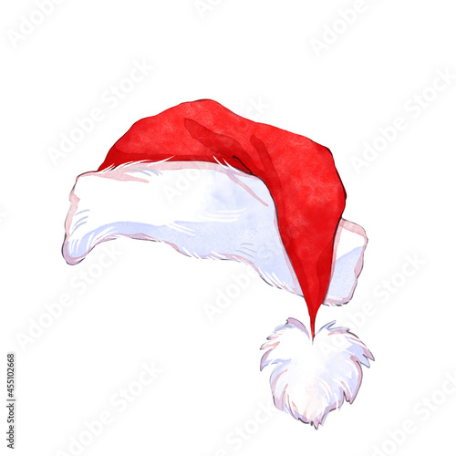 Watercolor red Santa hat isolated on white