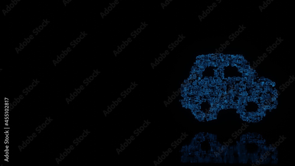 3d rendering mechanical parts in shape of symbol of car side isolated on black background with floor reflection 3d rendering mechanical parts in shape of symbol of car side isolated on black background with floor reflection