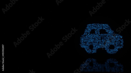3d rendering mechanical parts in shape of symbol of car side isolated on black background with floor reflection