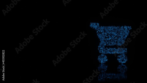 3d rendering mechanical parts in shape of symbol of cart isolated on black background with floor reflection