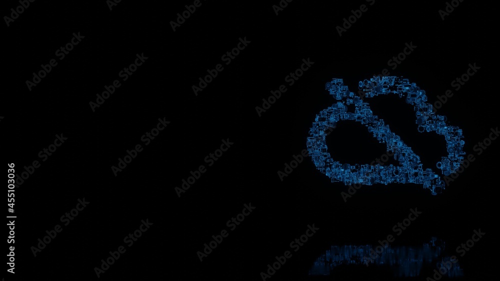 3d rendering mechanical parts in shape of symbol of disable cloud isolated on black background with floor reflection
