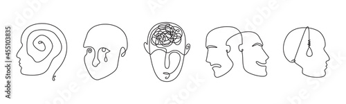 Continuous line drawing mental disorder vector icons, abstract concepts of various psychic health problems one line technique, human heads sketches showing personality disorders or mental illnesses