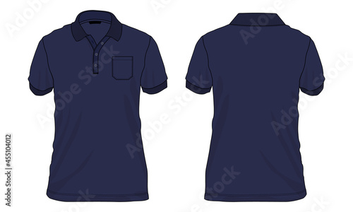 Polo shirt technical fashion flat sketch vector template. Navy blue color mock up isolated on white background.