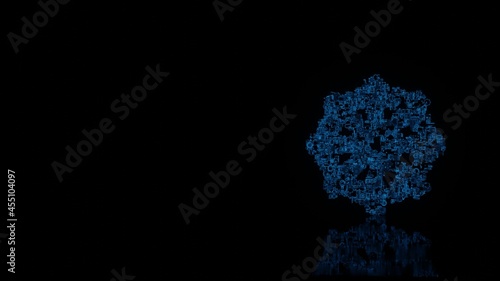 3d rendering mechanical parts in shape of symbol of dharmachakra isolated on black background with floor reflection