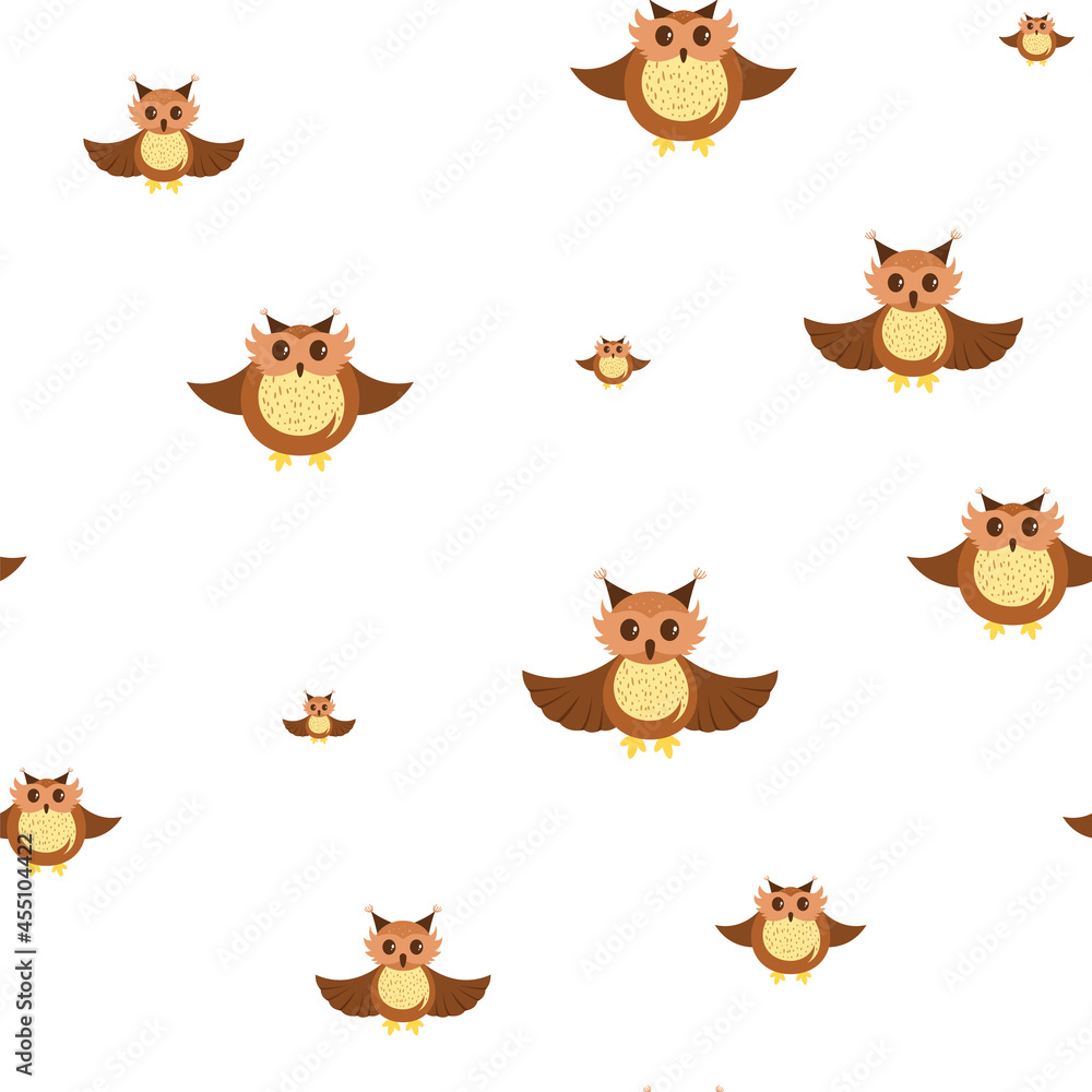Seamless pattern with funny owls. Cheerful, creative character of an owl and an owlet. Patern for design. Vector illustration. Seamless pattern with funny owls. Cheerful, creative character of an owl and an owlet. Patern for design. Vector illustration.