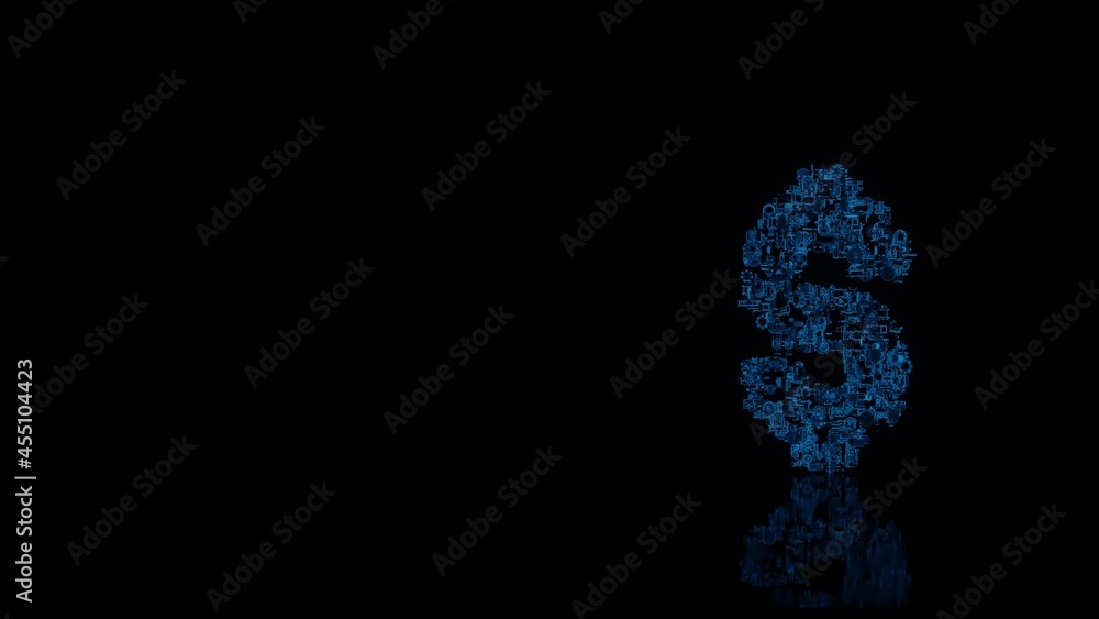 3d rendering mechanical parts in shape of symbol of dollar isolated on black background with floor reflection 3d rendering mechanical parts in shape of symbol of dollar isolated on black background with floor reflection