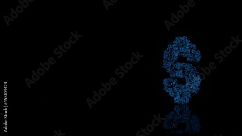 3d rendering mechanical parts in shape of symbol of dollar isolated on black background with floor reflection