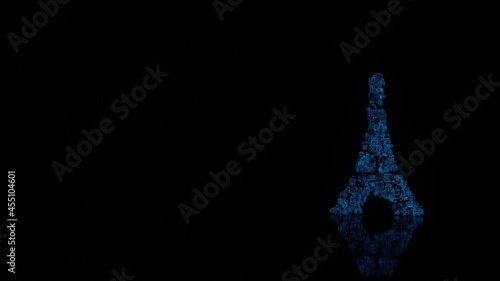 3d rendering mechanical parts in shape of symbol of Eiffel tower isolated on black background with floor reflection