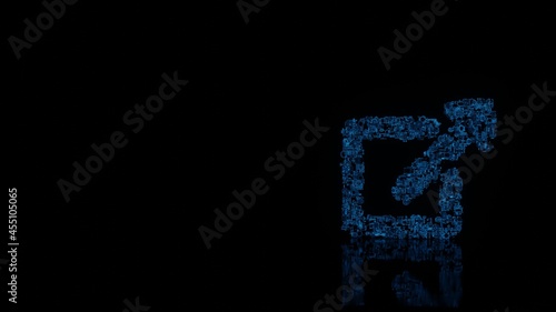 3d rendering mechanical parts in shape of symbol of external link isolated on black background with floor reflection