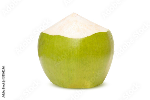 Fresh green coconut with drops of water isolated on white background with clipping path.
