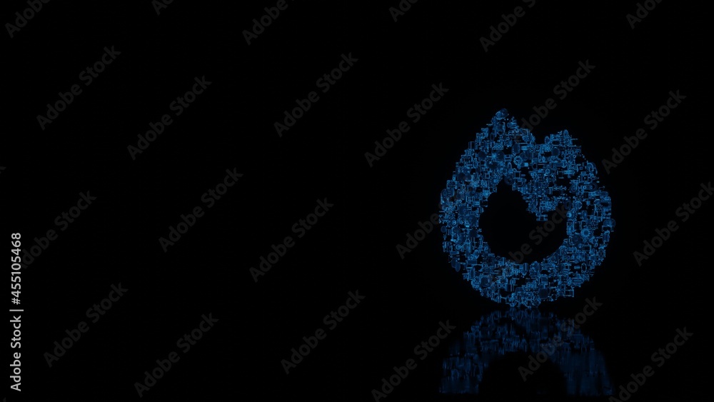 3d rendering mechanical parts in shape of symbol of fire isolated on black background with floor reflection