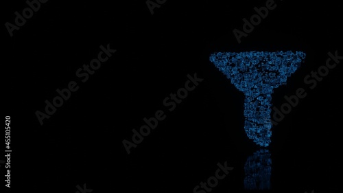 3d rendering mechanical parts in shape of symbol of filter isolated on black background with floor reflection