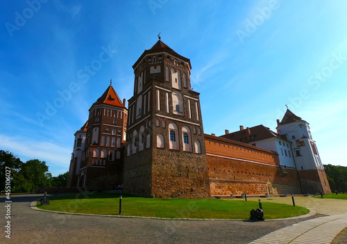 A beautiful medieval castle. Summer architectural landscape. 20 August 2021, Mir, Belarus