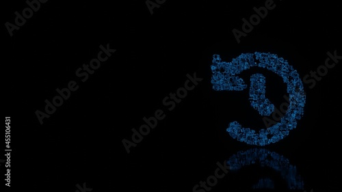 3d rendering mechanical parts in shape of symbol of history isolated on black background with floor reflection