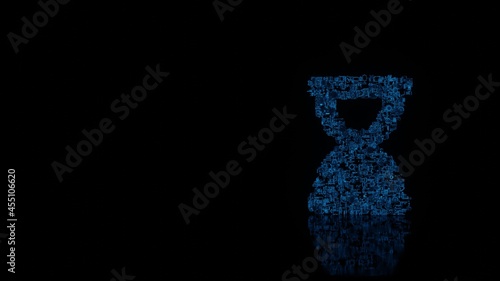 3d rendering mechanical parts in shape of symbol of hourglass end isolated on black background with floor reflection