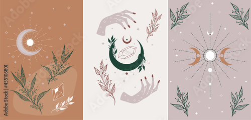 Cosmic wall art esoteric set. Set of alchemy mystical magic celestial talisman with woman hands, sun, moon, stars sacred geometry isolated. 
