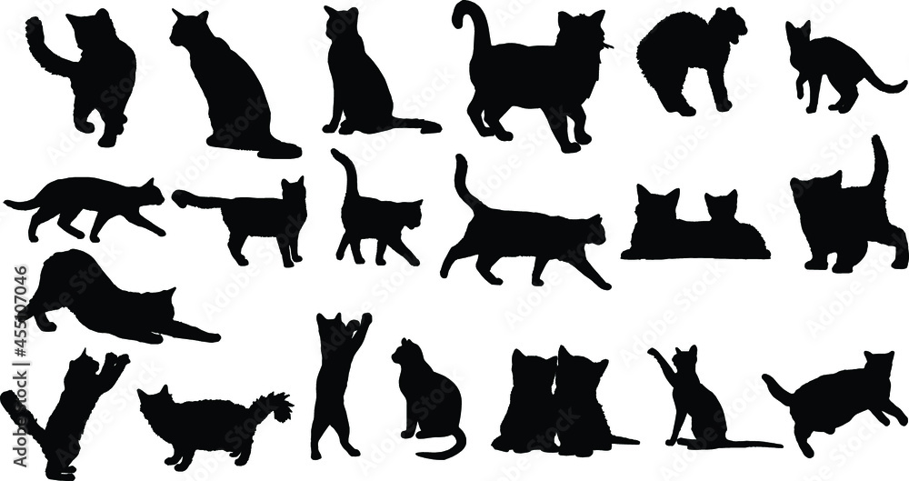 cats silhouettes set for Halloween and other. Black Cat shapes isolated on white background. Stock vector set 03