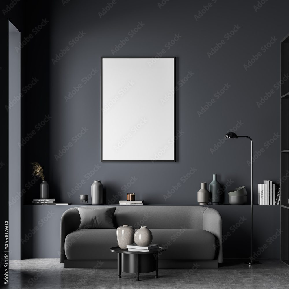Canvas in dark blue and grey living room with a small sofa Canvas in dark blue and grey living room with a small sofa