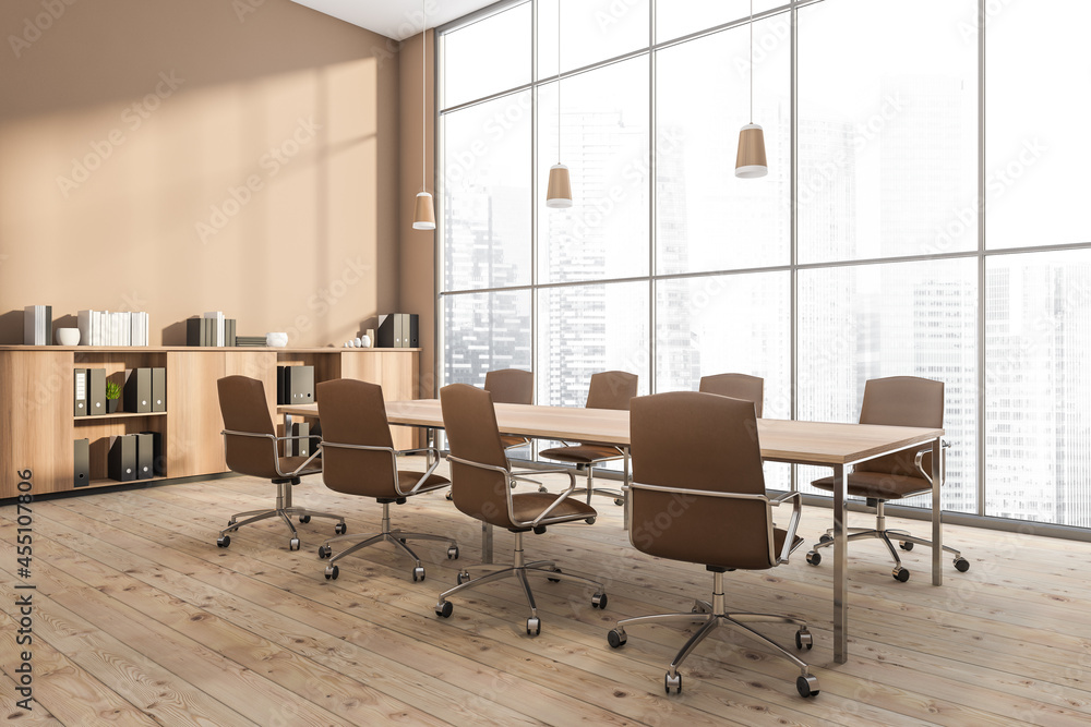 Corner view of panoramic beige conference room