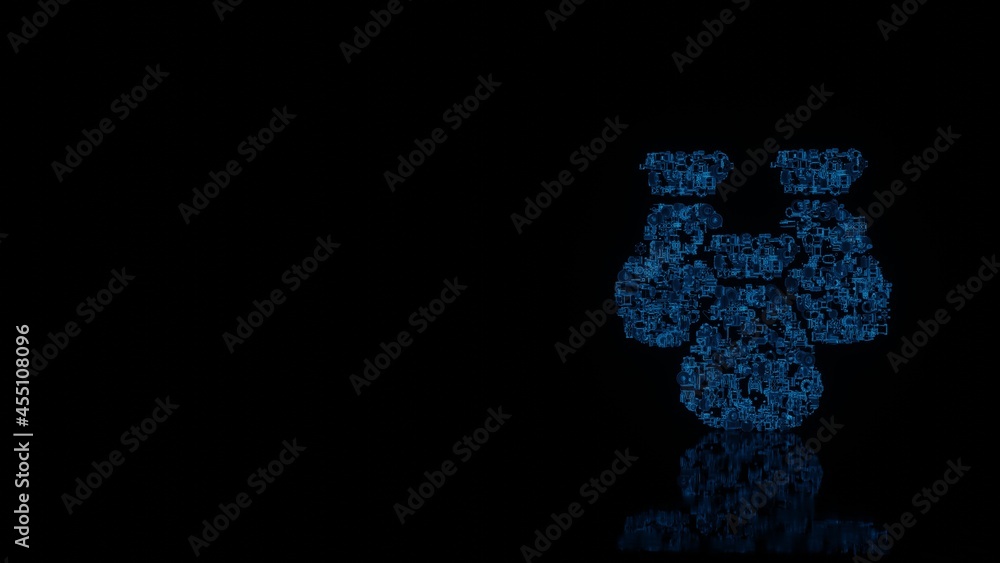3d rendering mechanical parts in shape of symbol of money bag isolated on black background with floor reflection 3d rendering mechanical parts in shape of symbol of money bag isolated on black background with floor reflection