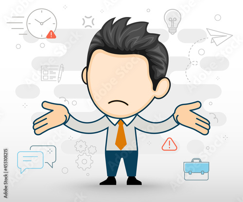 Business man shrugs and spreads his hands. Gesture oops sorry I don't know. Flat vector illustration in cartoon style