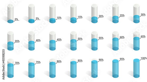 Set of cylinders diagrams for infographics. Percentages from 0 to 100 in increments of 5. Vector illustration.