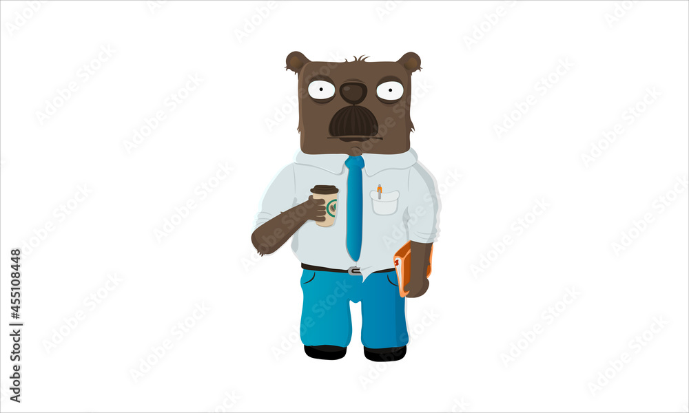 The office worker bear drinks coffee. The office worker bear drinks coffee.