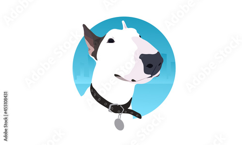 Cute bull terrier. Drawn funny pet dog. Stickers, cards, pins.