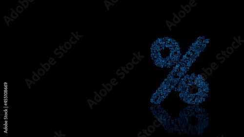 3d rendering mechanical parts in shape of symbol of percent isolated on black background with floor reflection