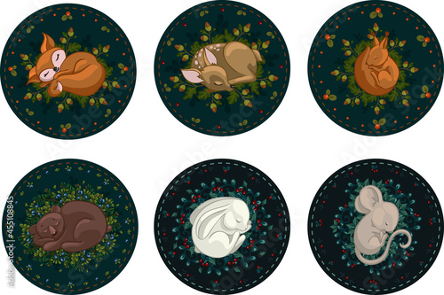 Set of compositions with sleeping forest animals and plants. Little fox, squirrel, fawn, bear cub, hare, mouse. Cartoon vector graphics.