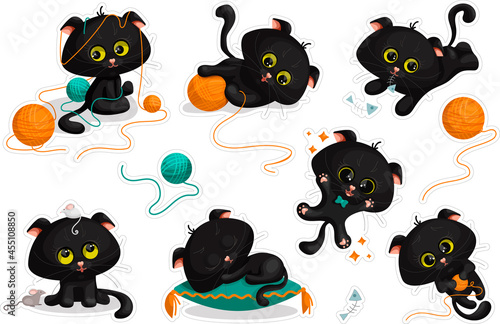 Set of stickers with a black kitten. Cute cartoon character playing with a skein of thread, sleeping on a pillow, eating fish. Stylized vector graphics.