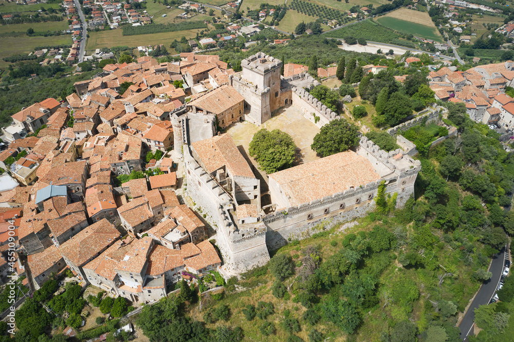 aerial view of the medieval town castle of sermoneta latina