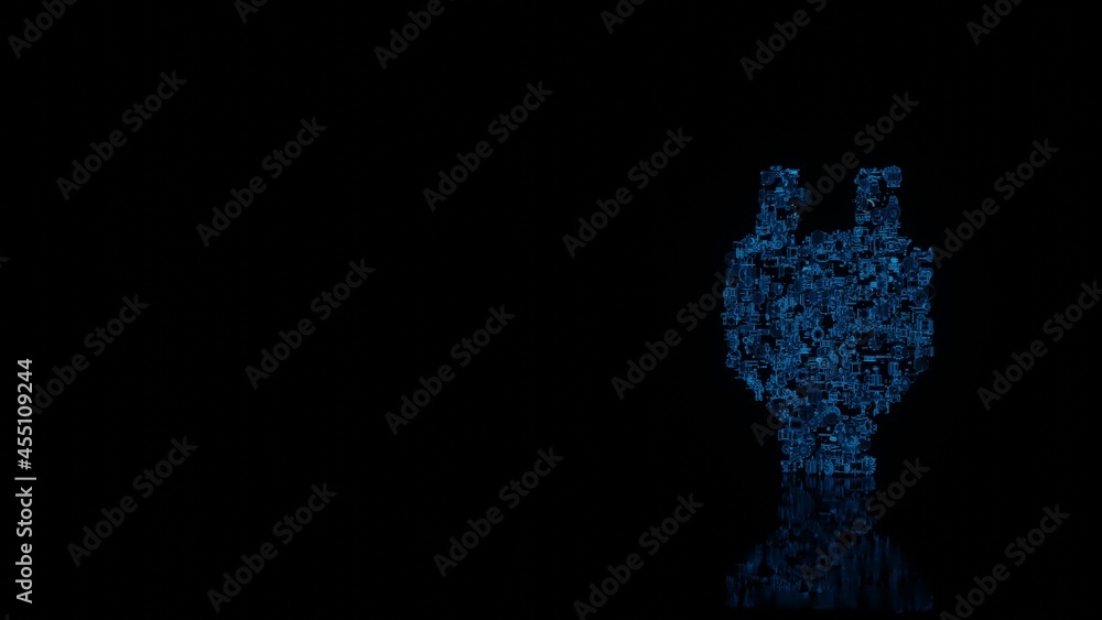 3d rendering mechanical parts in shape of symbol of power isolated on black background with floor reflection 3d rendering mechanical parts in shape of symbol of power isolated on black background with floor reflection