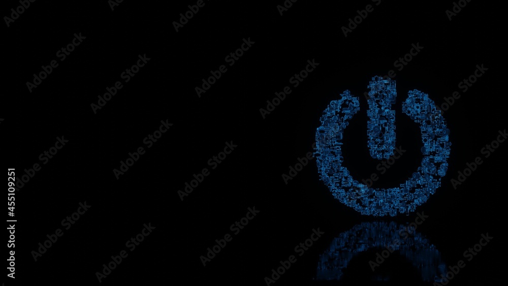 3d rendering mechanical parts in shape of symbol of power off isolated on black background with floor reflection 3d rendering mechanical parts in shape of symbol of power off isolated on black background with floor reflection