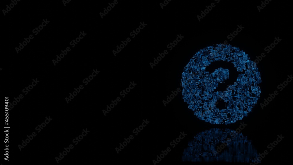 3d rendering mechanical parts in shape of symbol of question circle isolated on black background with floor reflection 3d rendering mechanical parts in shape of symbol of question circle isolated on black background with floor reflection