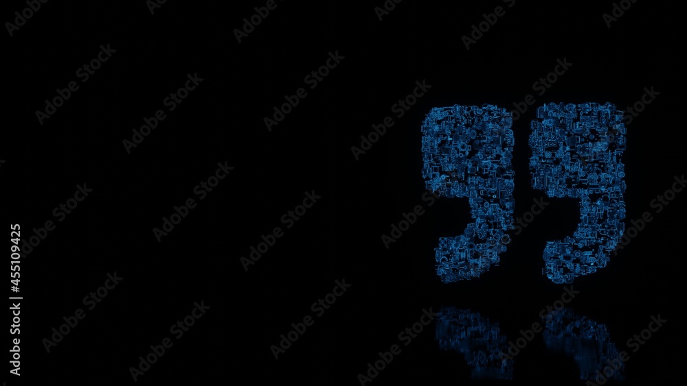 3d rendering mechanical parts in shape of symbol of quote right isolated on black background with floor reflection 3d rendering mechanical parts in shape of symbol of quote right isolated on black background with floor reflection