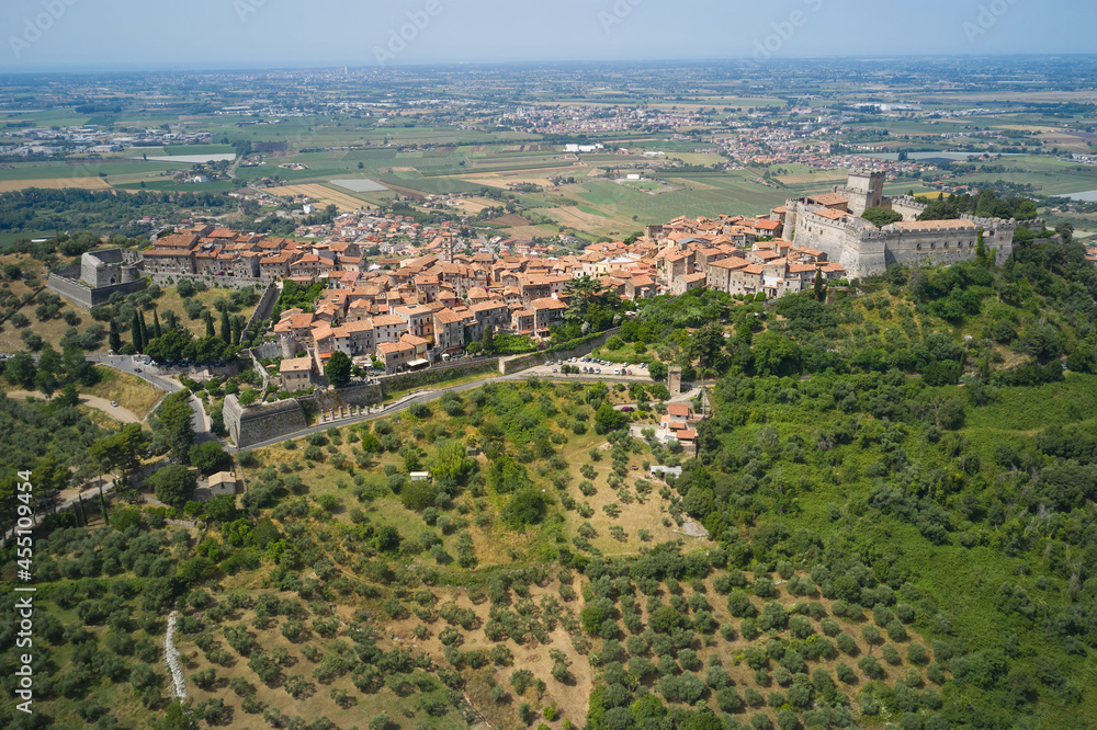 panoramic aerial view of the medieval town of sermoneta latina