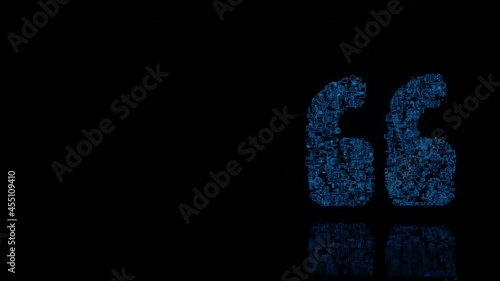 3d rendering mechanical parts in shape of symbol of quote left isolated on black background with floor reflection