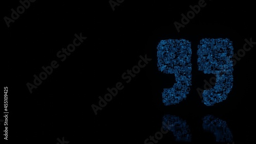 3d rendering mechanical parts in shape of symbol of quote right isolated on black background with floor reflection