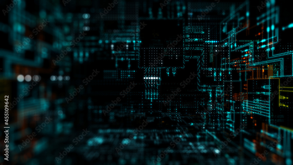 Abstract technology background/3d illustration. Colored background with digital integrated network technology. Technology background, Circuit board futuristic server code processing.
