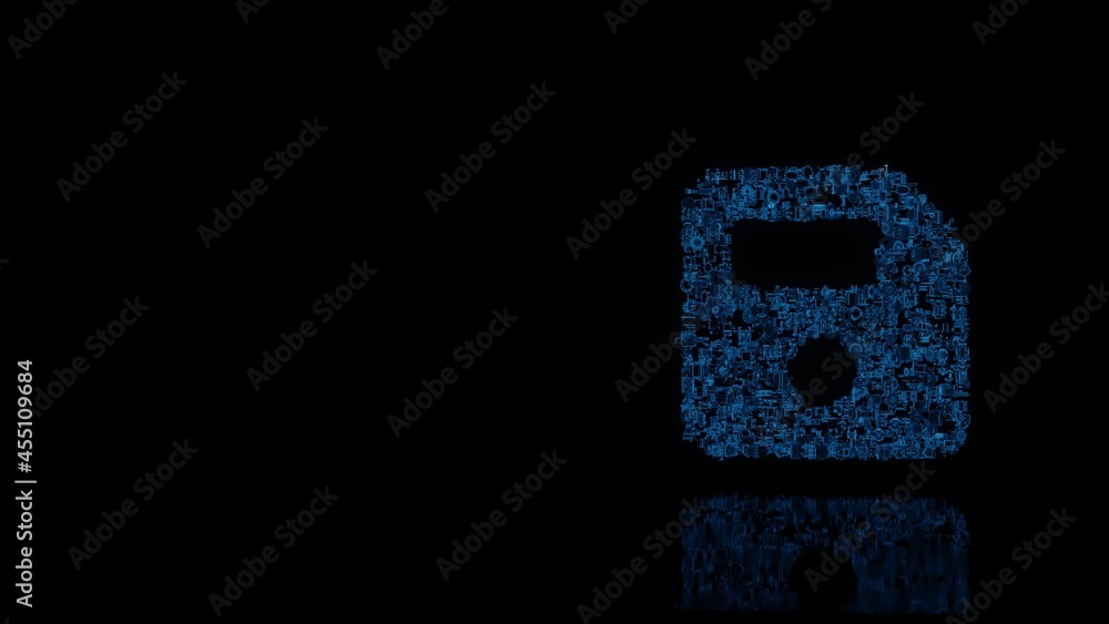 3d rendering mechanical parts in shape of symbol of save isolated on black background with floor reflection 3d rendering mechanical parts in shape of symbol of save isolated on black background with floor reflection