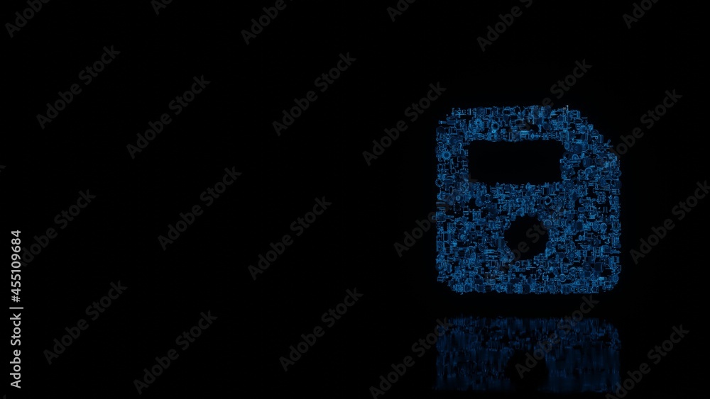 3d rendering mechanical parts in shape of symbol of save isolated on black background with floor reflection