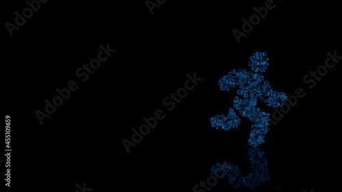 3d rendering mechanical parts in shape of symbol of running isolated on black background with floor reflection