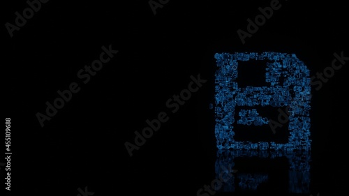 3d rendering mechanical parts in shape of symbol of save isolated on black background with floor reflection