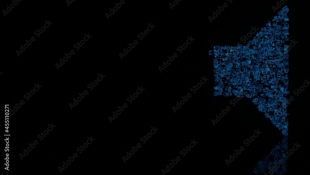 Obraz premium 3d rendering mechanical parts in shape of symbol of sound isolated on black background with floor reflection