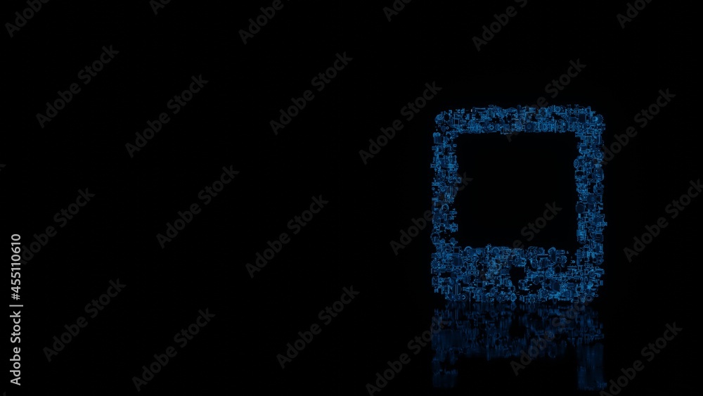 3d rendering mechanical parts in shape of symbol of tablet alt isolated on black background with floor reflection 3d rendering mechanical parts in shape of symbol of tablet alt isolated on black background with floor reflection