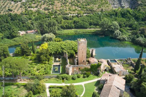 frontal aerial view of the gardens of ninfa in the country of cisterna di latina