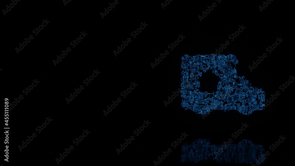 3d rendering mechanical parts in shape of symbol of truck isolated on black background with floor reflection 3d rendering mechanical parts in shape of symbol of truck isolated on black background with floor reflection