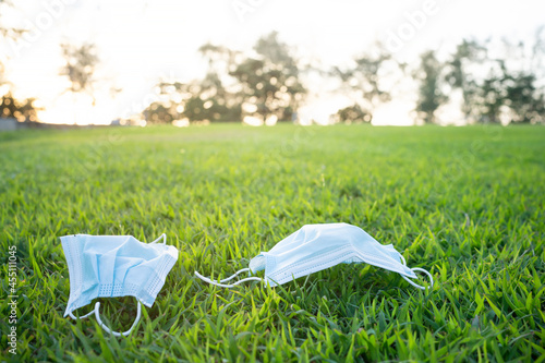 Two Face mask used on lawn during the corona pandemic.